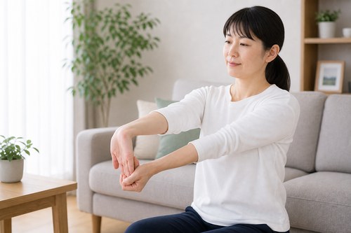 ゴルフ肘予防のため手首と前腕をストレッチする様子