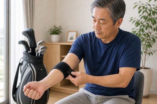 ゴルフ肘の負担軽減に肘サポーターを使う様子