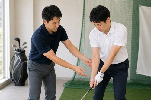 ゴルフ肘予防のためフォームや道具を見直す様子