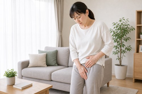 流山で鼠径部痛に悩み足の付け根を押さえる女性