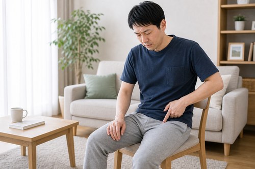 鼠径部痛で太ももの付け根を確認する男性