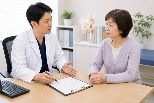 鼠径部痛で何科を受診するか医師に相談する女性