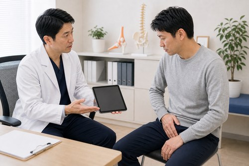 鼠径部痛の診断と治療の流れを説明される男性