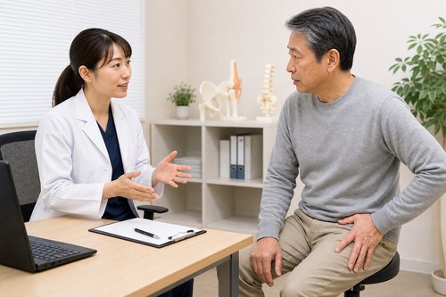 鼠径部痛について整形外科で相談する様子