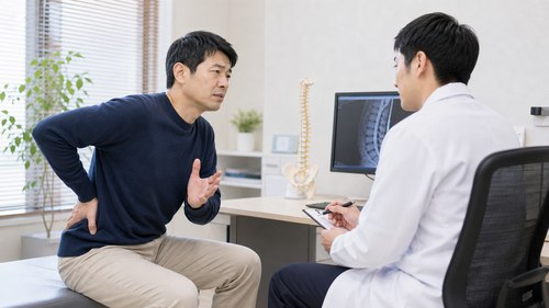 椎間板ヘルニアの緊急サインについて医療機関で相談する様子