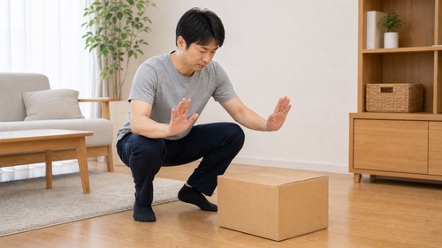 重い物を急に持ち上げないよう注意する男性