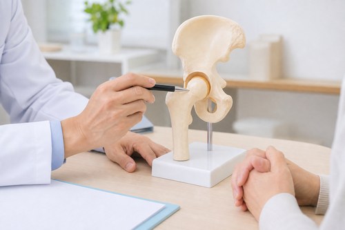 股関節の痛みの主な原因を股関節模型で確認する様子