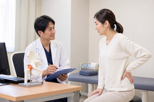 注意したい股関節の痛みを医師に相談する女性