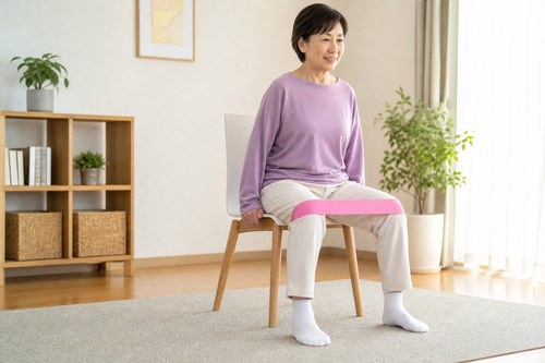 股関節まわりの筋力と柔軟性を保つ運動をする女性
