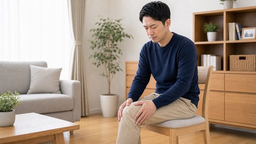 流山で膝の痛みに悩み膝を支える男性