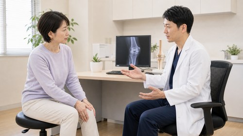 膝の痛みで整形外科に相談する様子