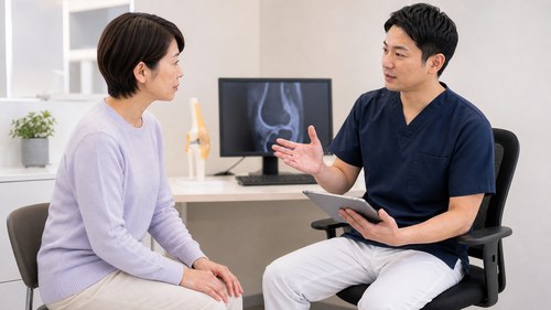 膝の痛みの診断と治療の流れを相談する様子