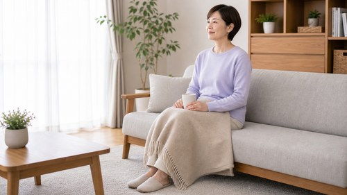 膝を冷やさないよう暖かく過ごす女性