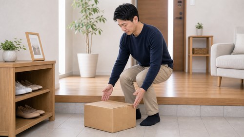 膝に急な重い負担をかけないよう注意する男性