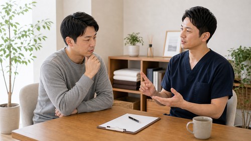 受診先について相談する男性