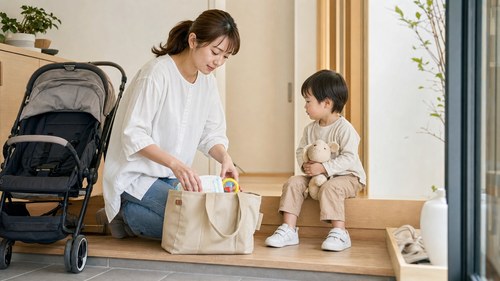 子連れ来院の準備をするママと子ども