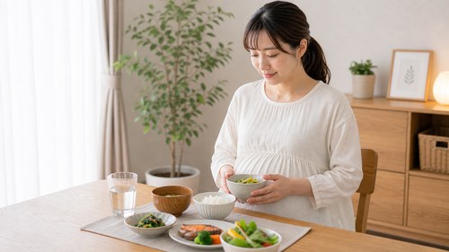 十分な休養とバランスのよい食事を心がける妊婦さん