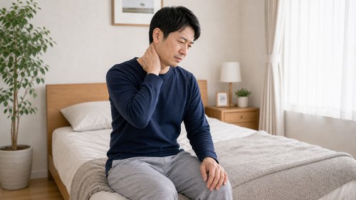 流山で寝違えに悩み首を支える男性