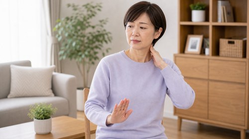 寝違えの急性期に無理な首の動きを避ける女性