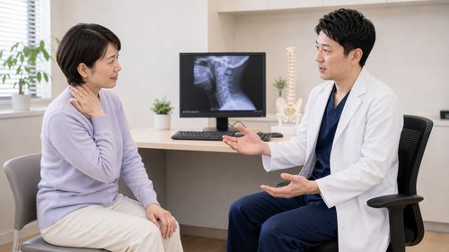 寝違えの受診サインについて整形外科で相談する様子