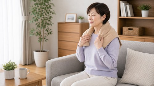 寝違えが落ち着いてから首肩を温める女性