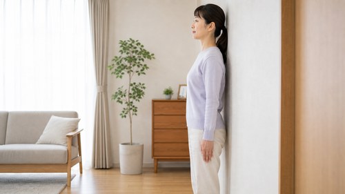 壁を使って猫背をセルフチェックする女性