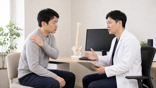 姿勢の変化と違和感について医療機関で相談する様子