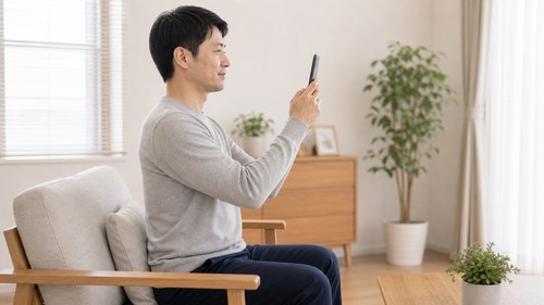 スマホを目の高さに近づけて見る男性