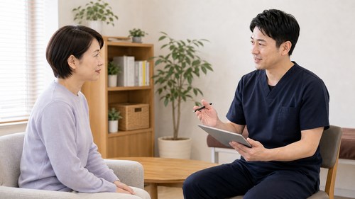 猫背と向き合うため整体院で相談する様子