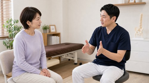 O脚の主なタイプについて相談する様子