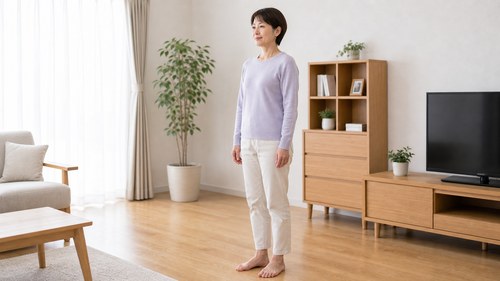 O脚のため立ち方のクセを見直す女性