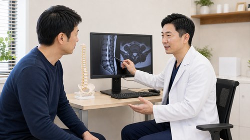 坐骨神経痛の原因を検査画像で説明される様子