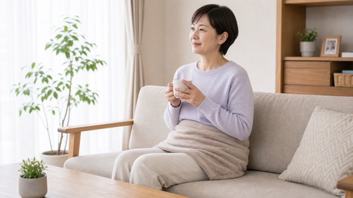 お尻や腰を冷やさないよう暖かく過ごす女性