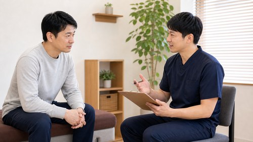 坐骨神経痛で整体を受ける前に注意点を相談する様子