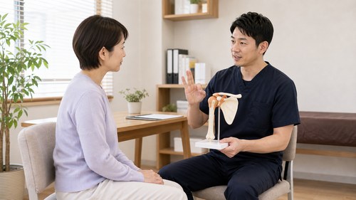 四十肩と五十肩の時期について相談する様子