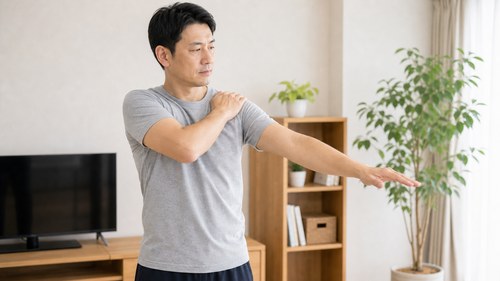肩を無理なく動かせる範囲を確認する男性