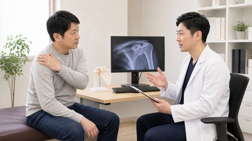 肩の痛みで整形外科に相談する男性
