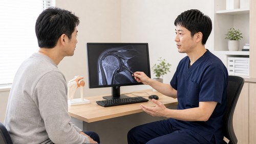 肩の検査画像について説明を受ける様子