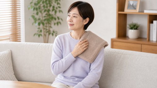 肩を冷やさないよう温める女性