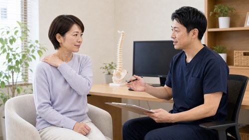 四十肩と五十肩に向き合うため整体院で相談する様子