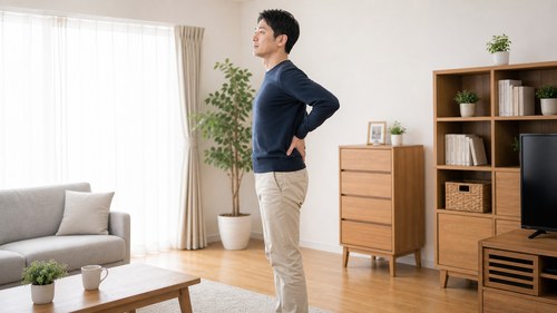 流山で反り腰に悩み腰の姿勢を確認する男性
