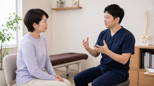 反り腰の原因とタイプについて相談する様子