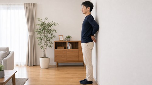 壁を使って反り腰をセルフチェックする男性