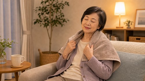 体をあたためて休養をとる女性