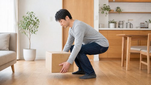 重い物の持ち方を見直す男性