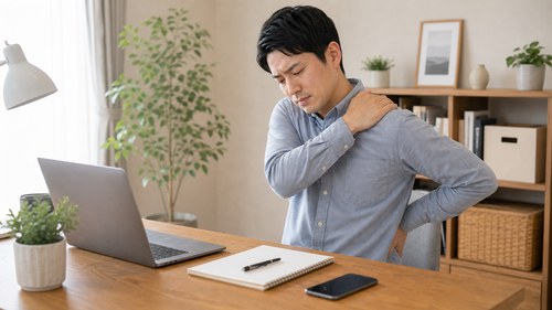 首肩と腰の不調を感じる男性