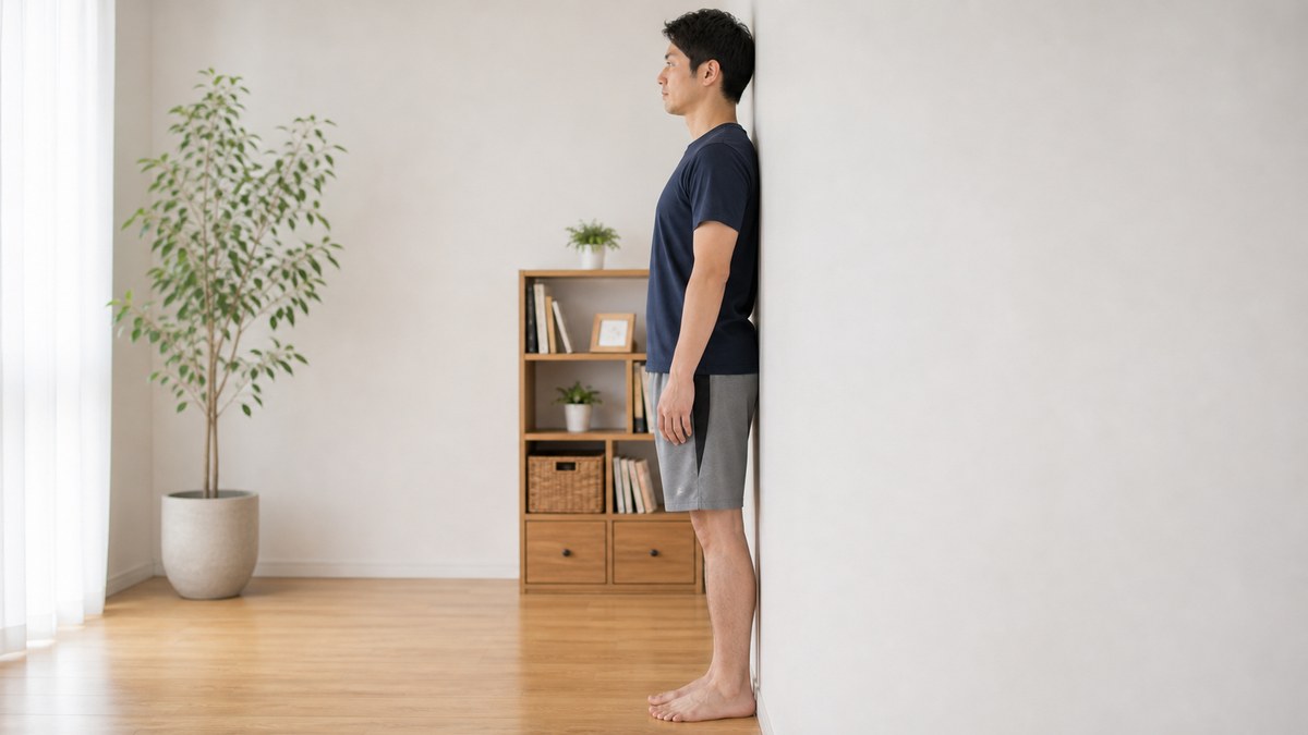 壁を使って姿勢をセルフチェックするイメージ