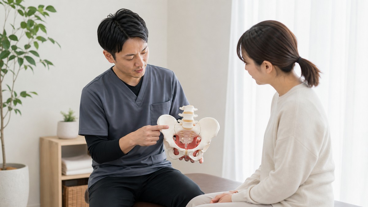骨盤模型で産後の状態を説明するイメージ
