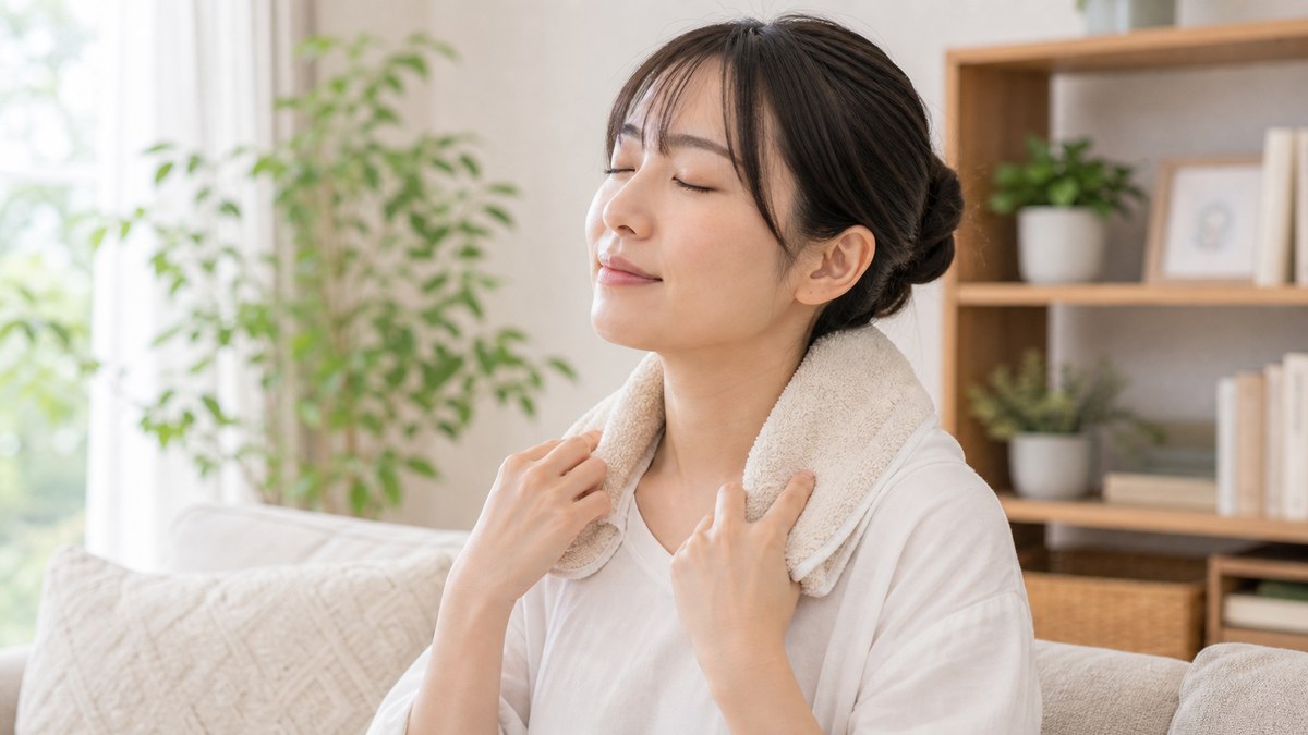 首の痛みのセルフケアとして首肩を温めるイメージ