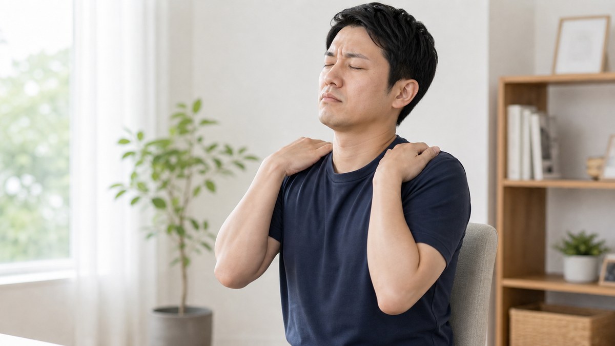 首こりと首肩まわりのこわばりを確認するイメージ